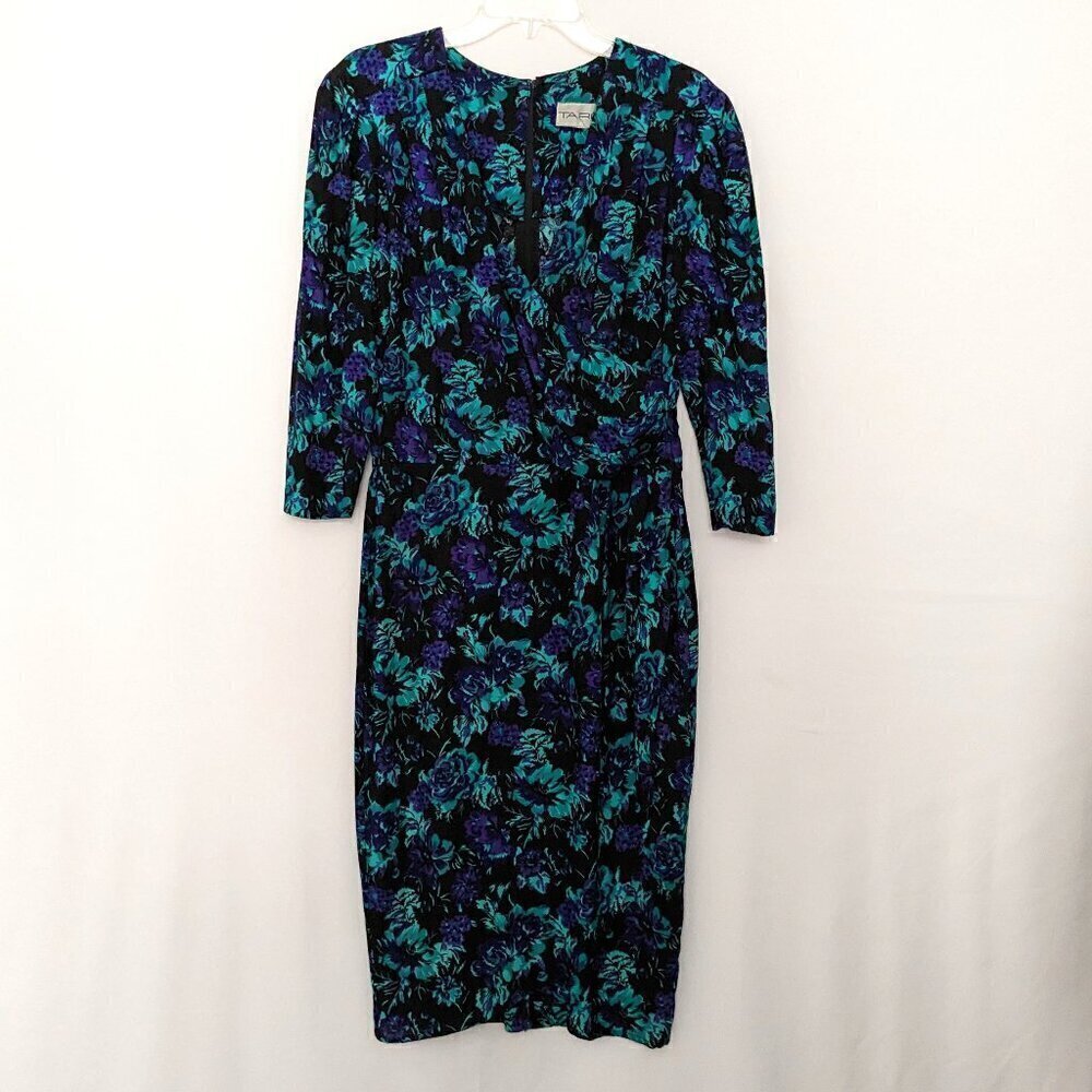 TARETI Howard Levi, Blue & Teal Floral Midi Wrap Dress Sheath; Size S